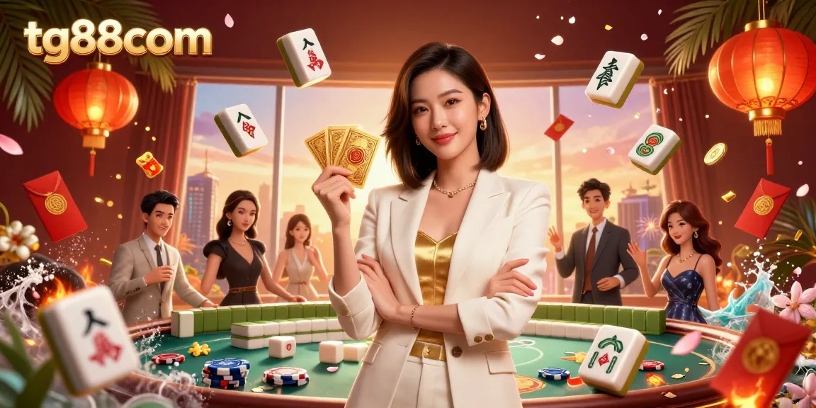 Experience the excitement at tg88com, where a powerful businesswoman wields cards in a vibrant casino scene.