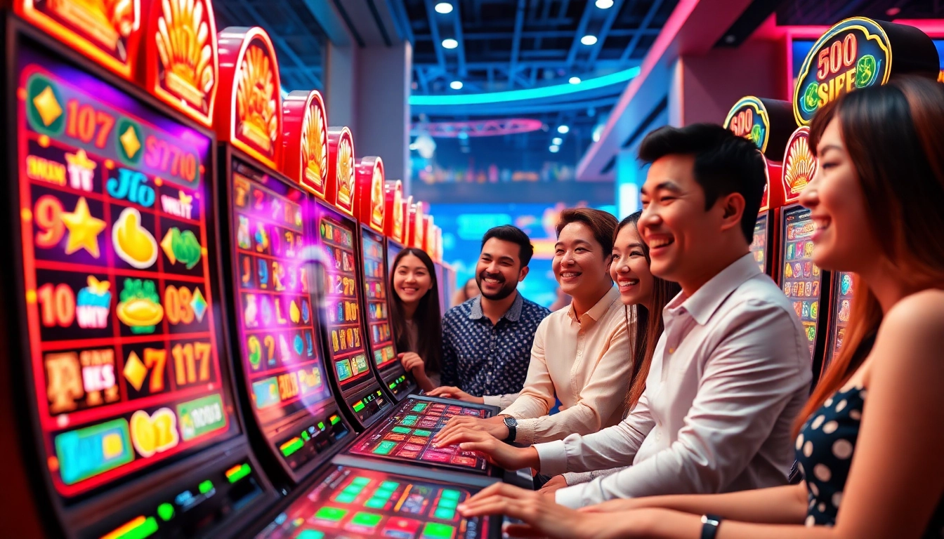 Nổ hũ jackpot slots in a vibrant online casino scene filled with excited players and colorful games.