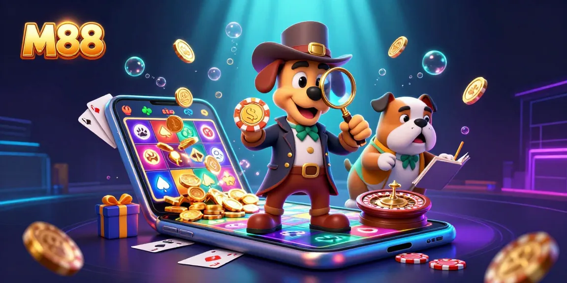 M88 gambling scene with a cartoon detective examining a poker chip surrounded by vibrant casino elements.