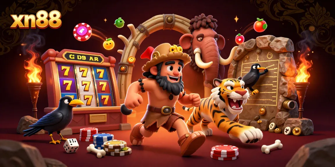 Experience xn88's vibrant 3D casino with cavemen and tigers, full of slot reels and dynamic action.