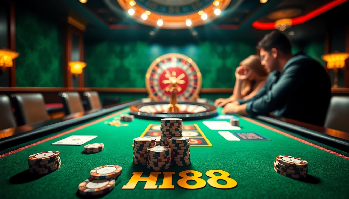 Players engaging in an exciting game at Hi88 casino table filled with poker chips and cards.