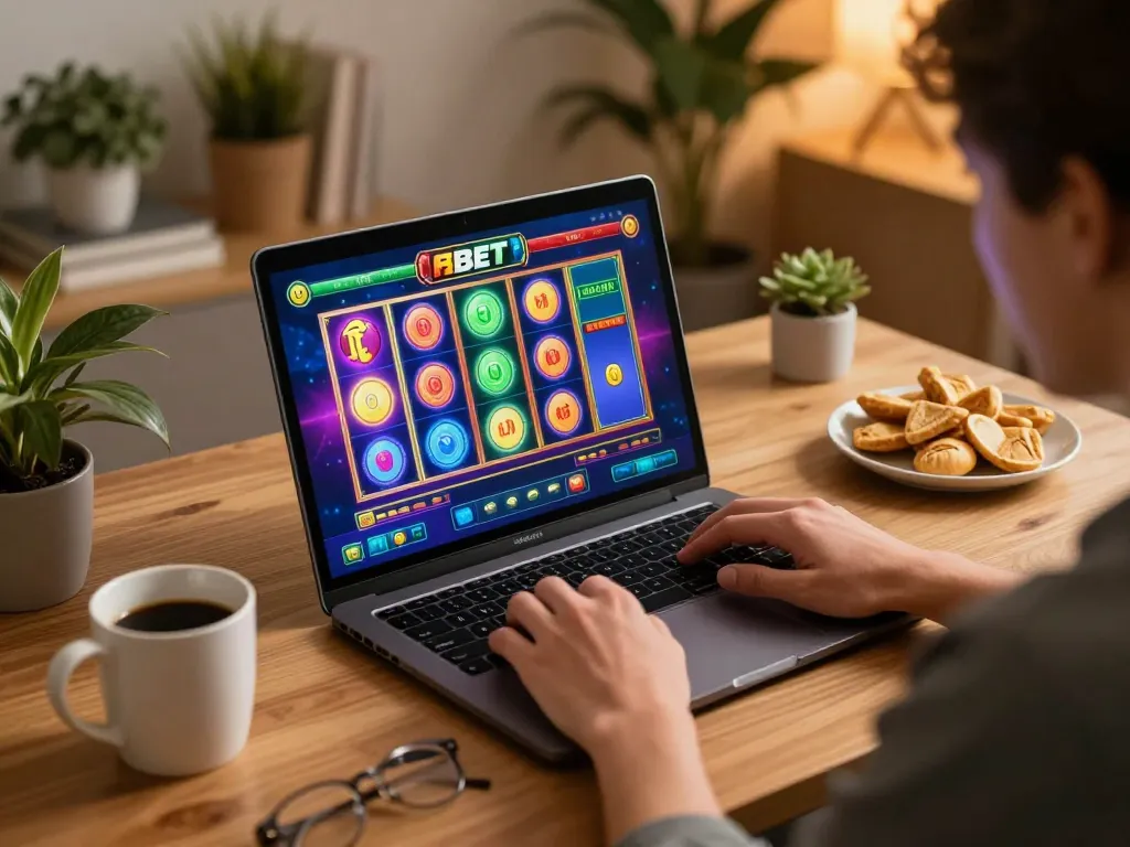 Engaging in F8BET online gaming with vibrant slot visuals on a laptop