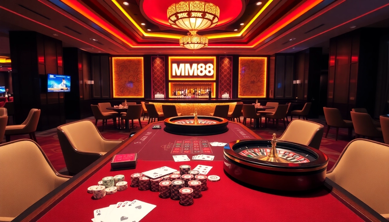 Exciting casino scene at mm88 with poker chips and roulette wheels.