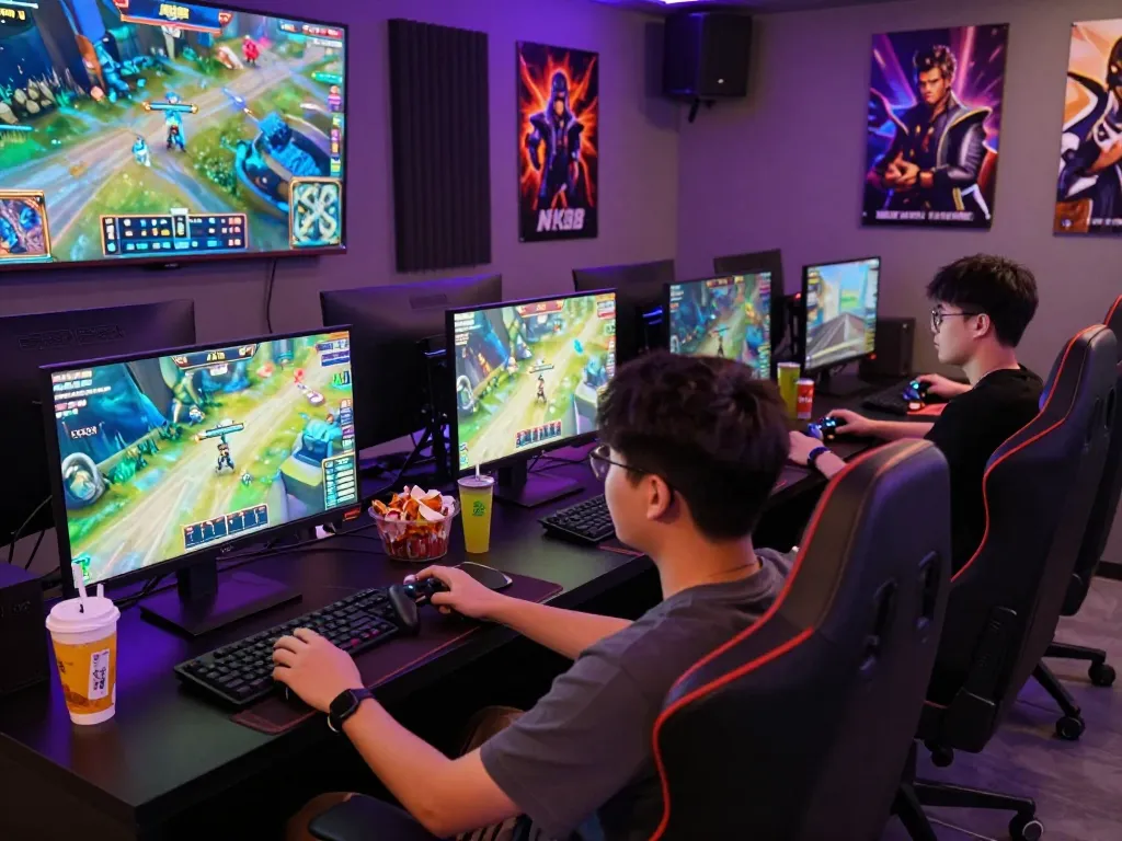 Players engaging in NK88 game at a modern gaming lounge with ambient lighting and snacks.