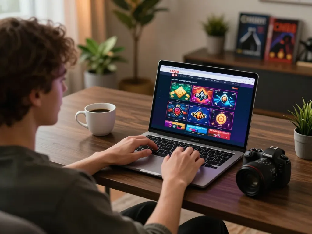 Experience CM88's online gaming with a user engaging at a stylish home desk, showing casino interface.