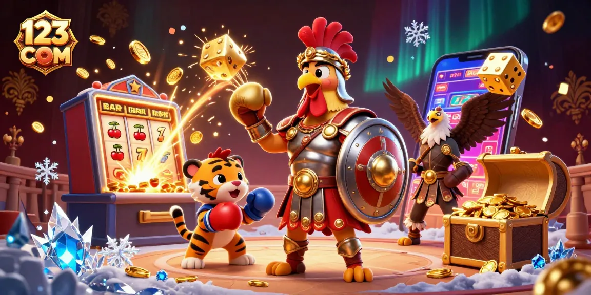 Engage in thrilling gameplay with 123 COM as a gladiator rooster and tiger cub surround slots and jackpots.