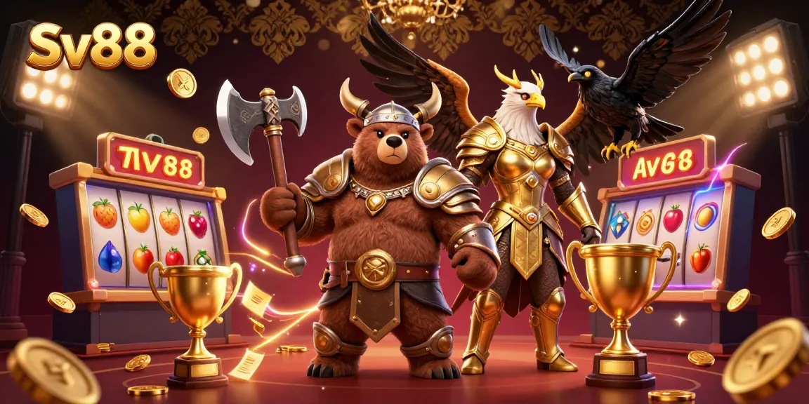 Engage with thrilling Sv88 casino action featuring Viking bear and Valkyrie eagle in a dynamic 3D scene.