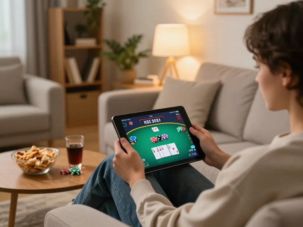 Engaging with online poker game on tablet while enjoying snacks at home, uu88 gaming experience.