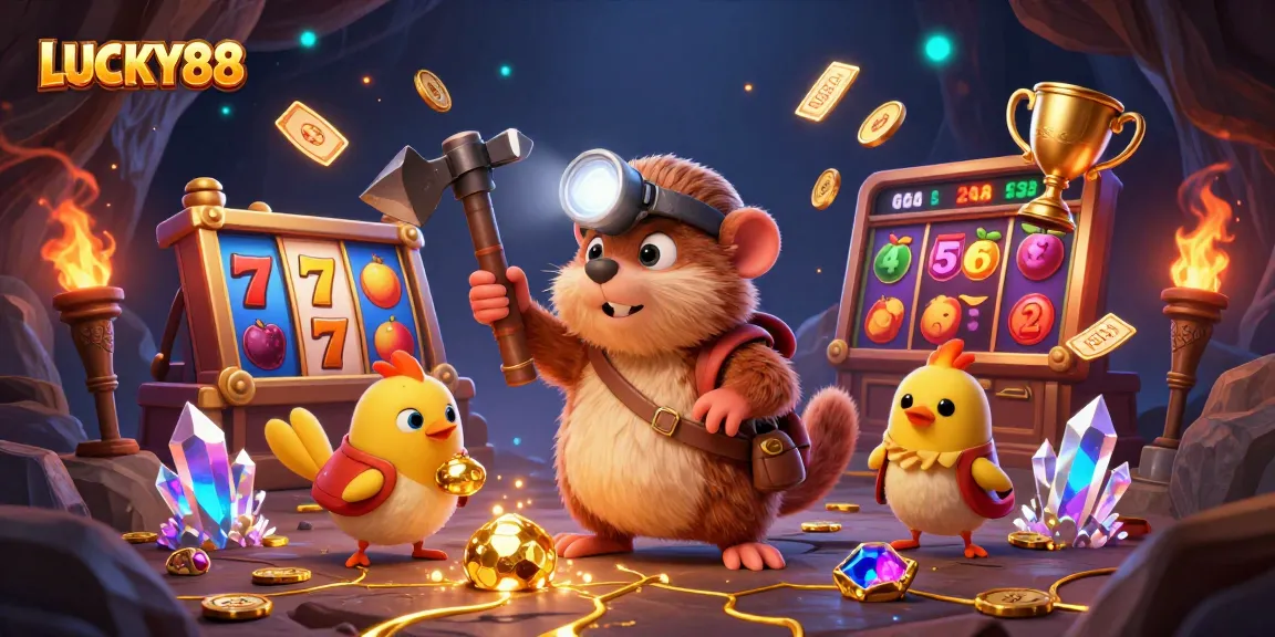 LUCKY88 slot game illustration showcasing a treasure hunter mole and exciting gaming elements.