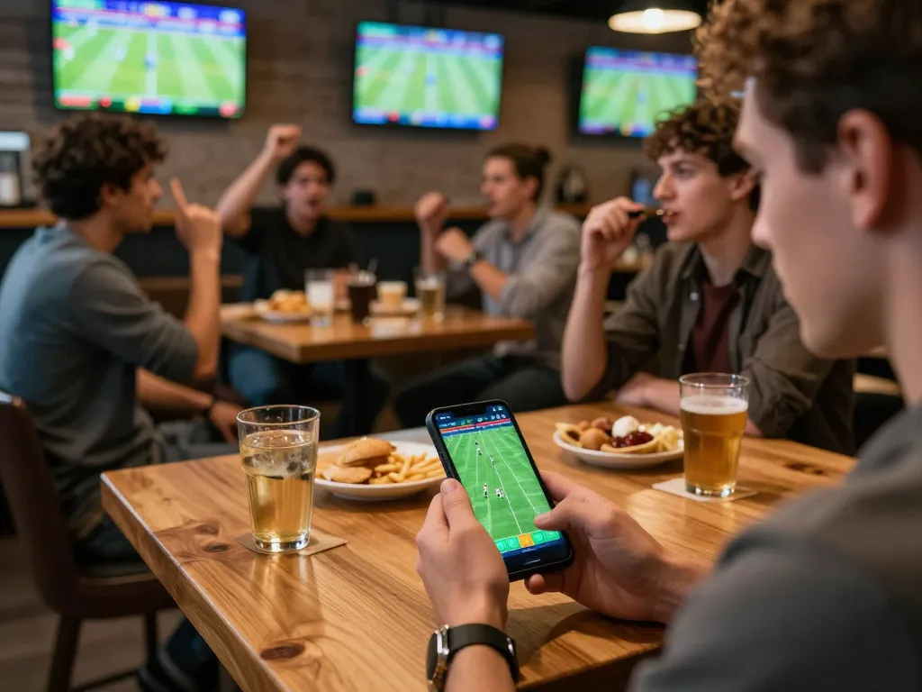 Kết quả bóng đá displayed as users actively engage in betting at a vibrant sports bar.