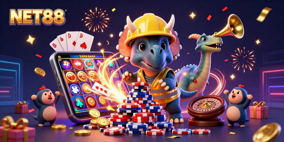 NET88 celebrates with a triceratops and parasaurolophus in a vibrant casino scene.