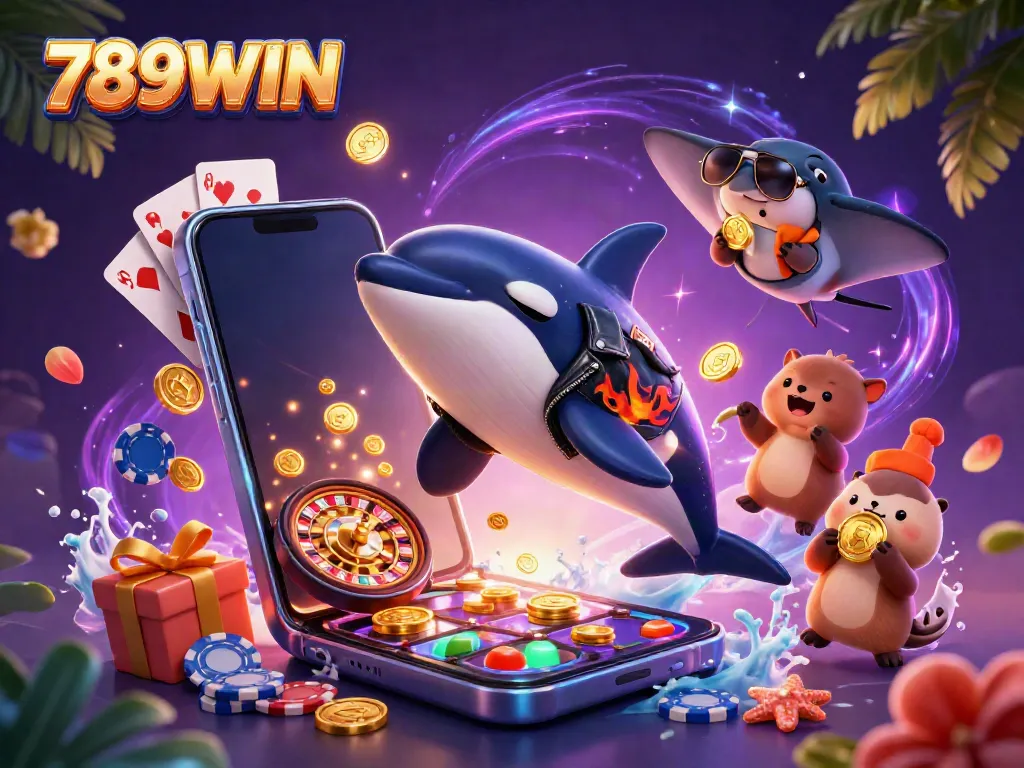 Win big with fun characters in a vibrant 789WIN casino scene packed with games and action.