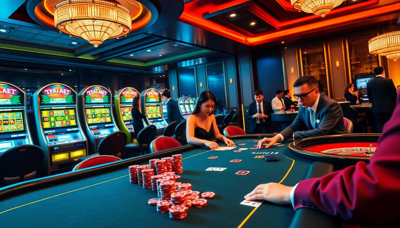 Excited players engaging in poker at THABET casino, showcasing vibrant chips and cards.