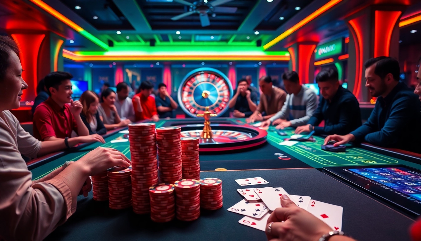 Players enjoying a thrilling game at Jun88 casino, surrounded by vibrant colors and excitement.