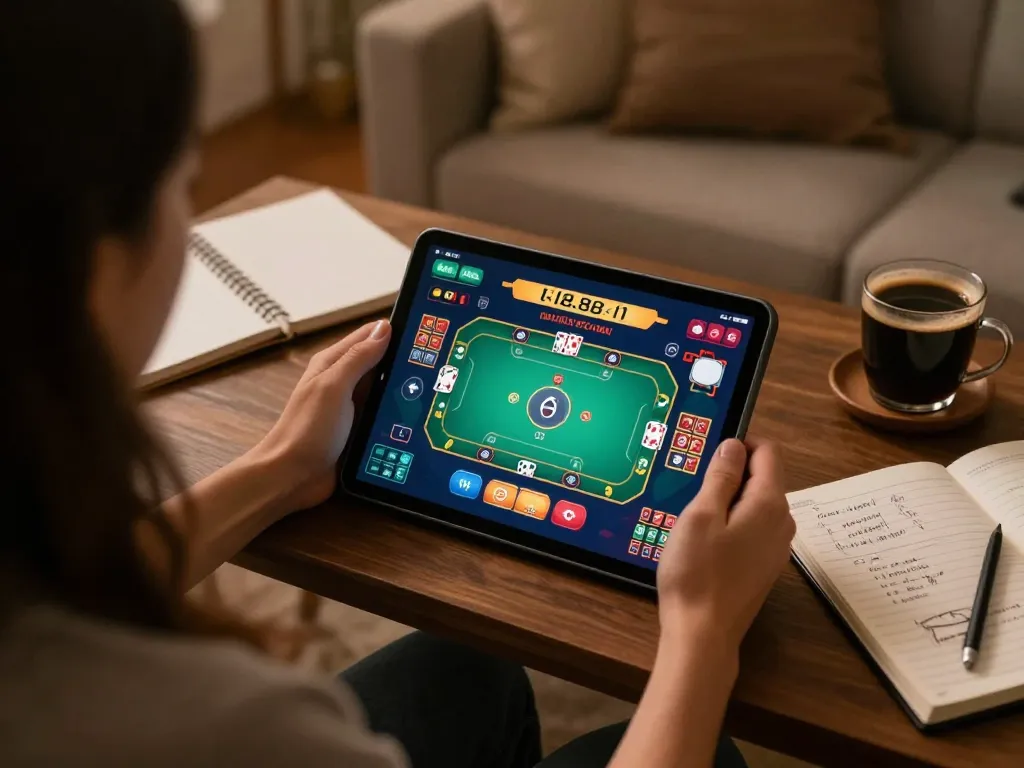 Engaged player explores LV88 casino app on tablet, showcasing online gambling strategy and fun