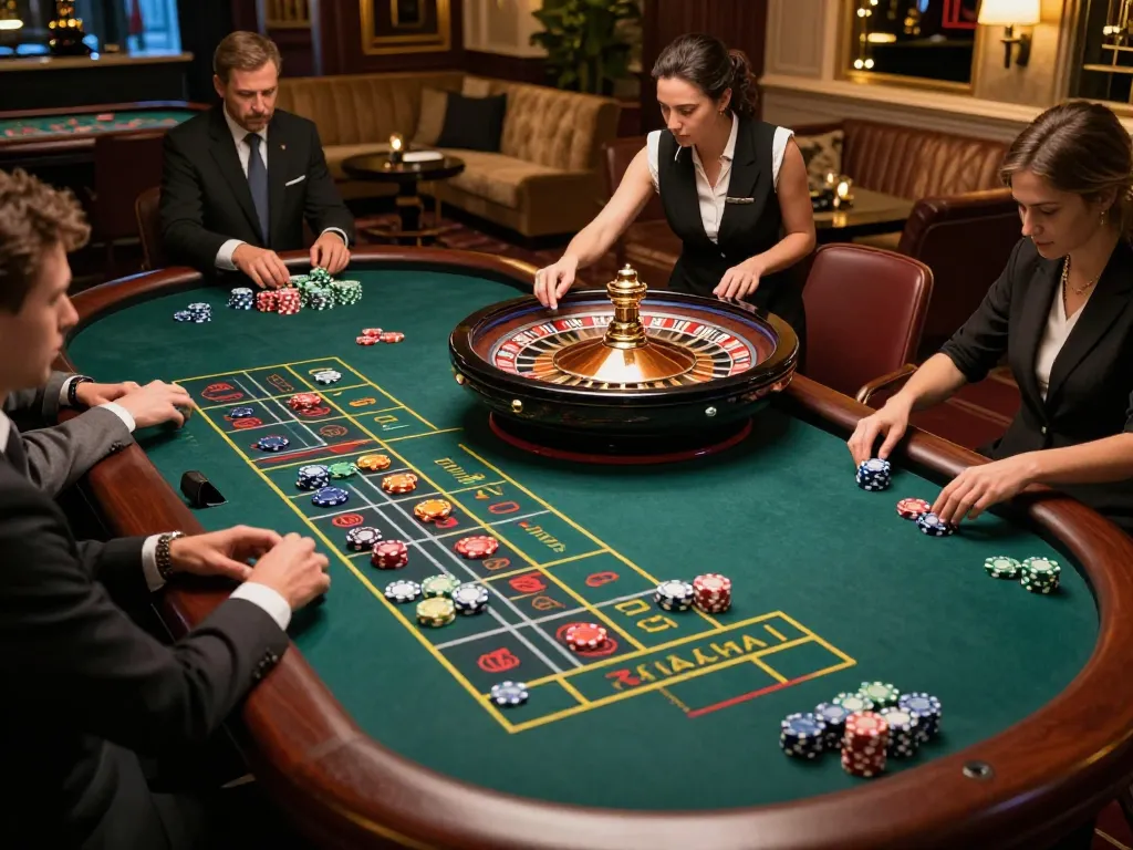 Players engaging at a roulette table at a luxury casino featuring fly88 betting strategies.