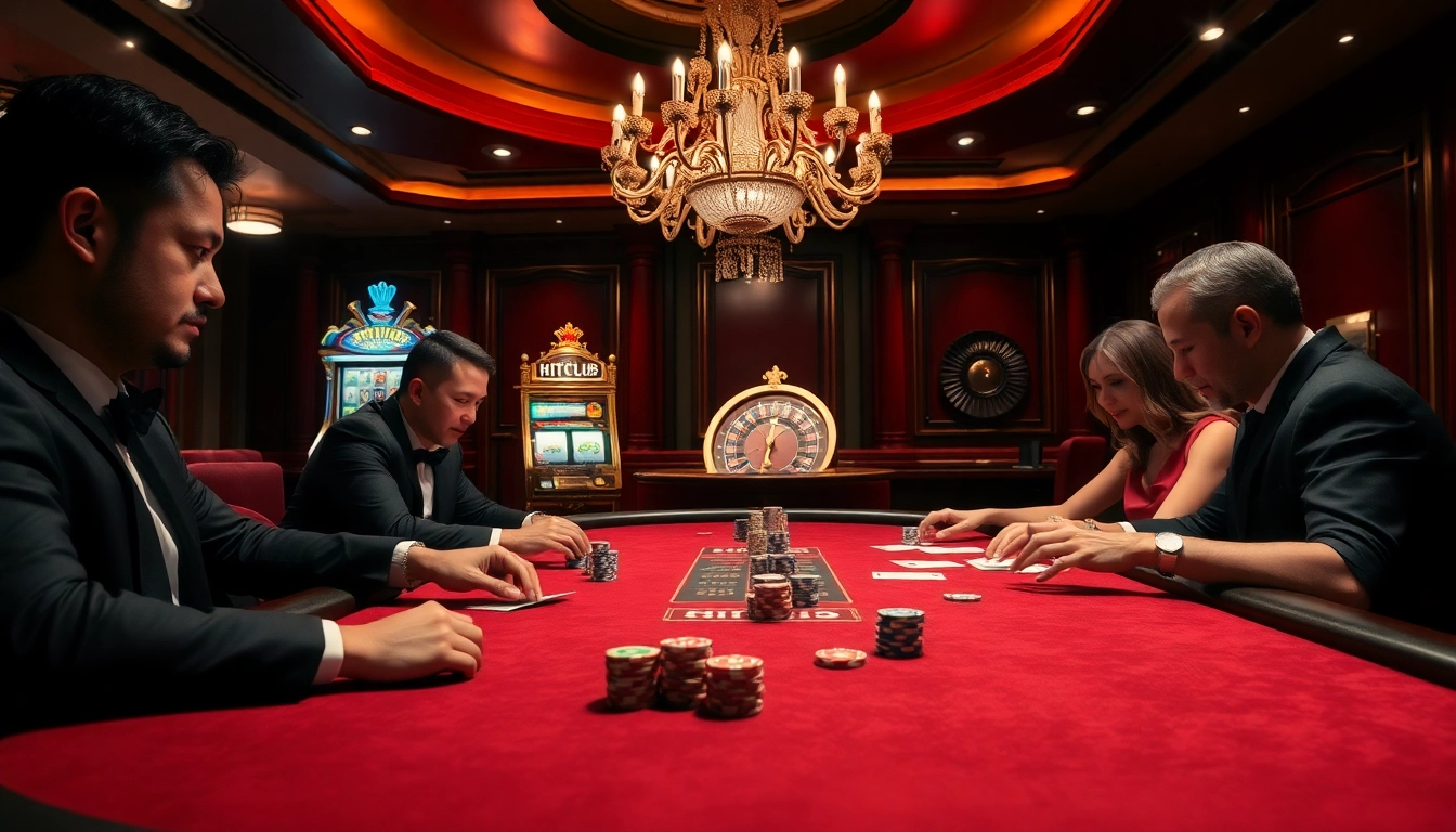 Hitclub poker table scene with players engaged, showcasing excitement and gambling action.