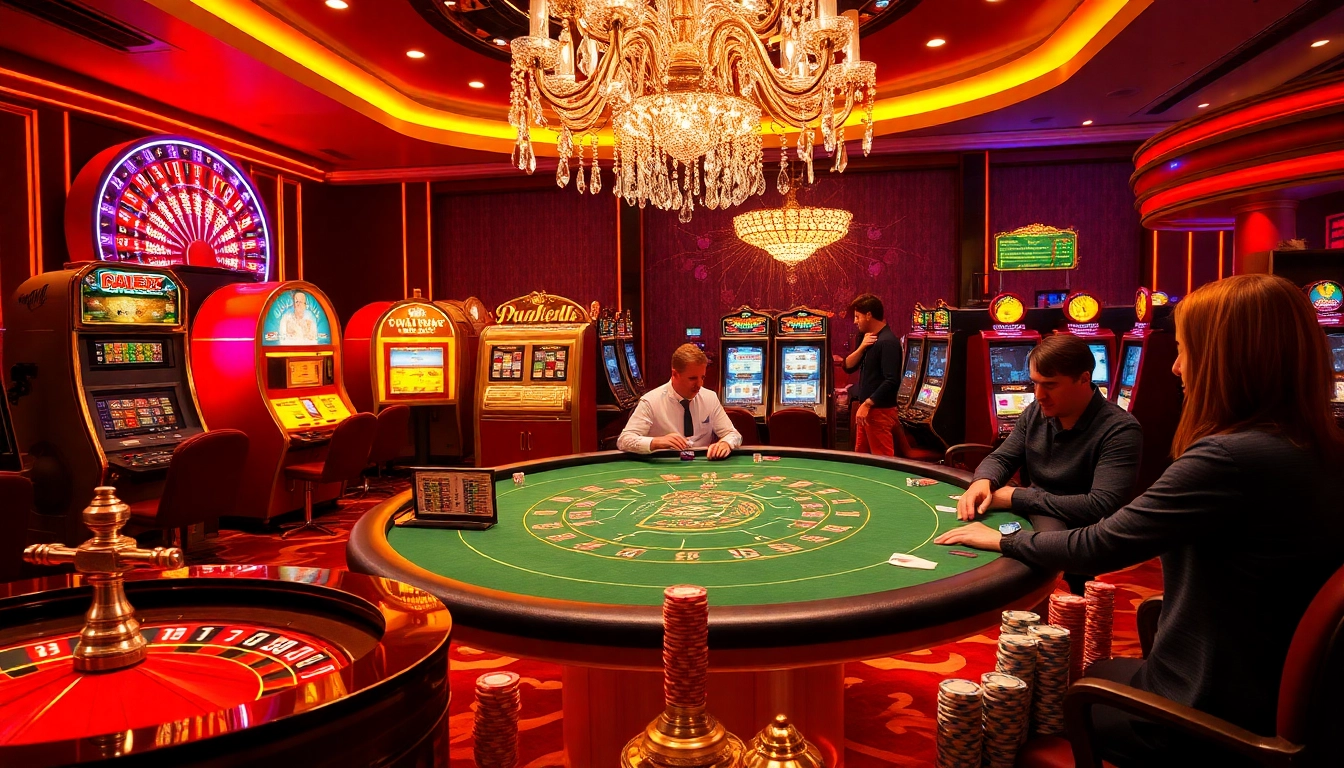 A dynamic casino scene featuring 555win players at a lively blackjack table with vibrant roulette wheels.