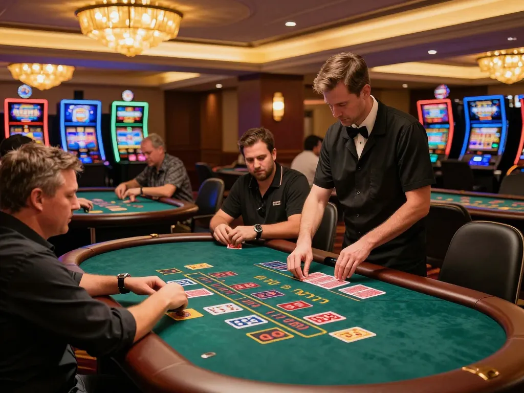 Experience the excitement of okfun at a luxurious casino blackjack table with lively players