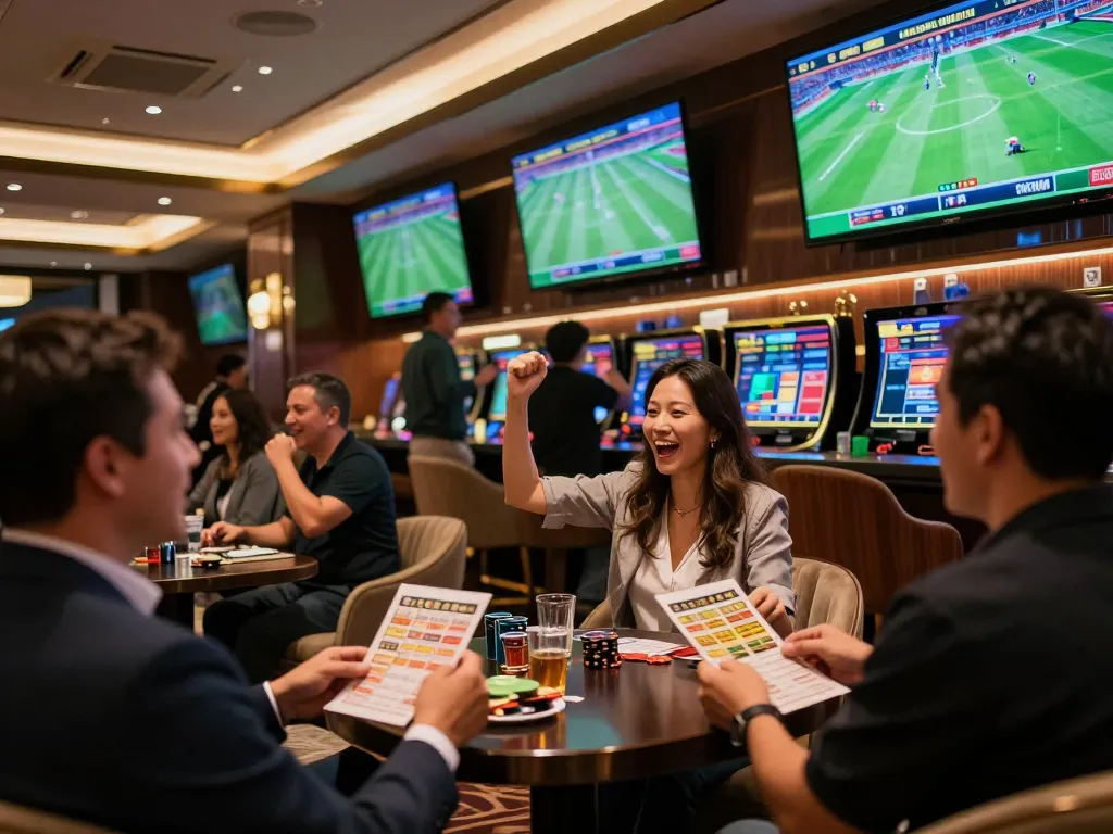Excited patrons engaging in ดูบอล at a luxurious sports betting lounge, surrounded by multiple screens showcasing live matches.