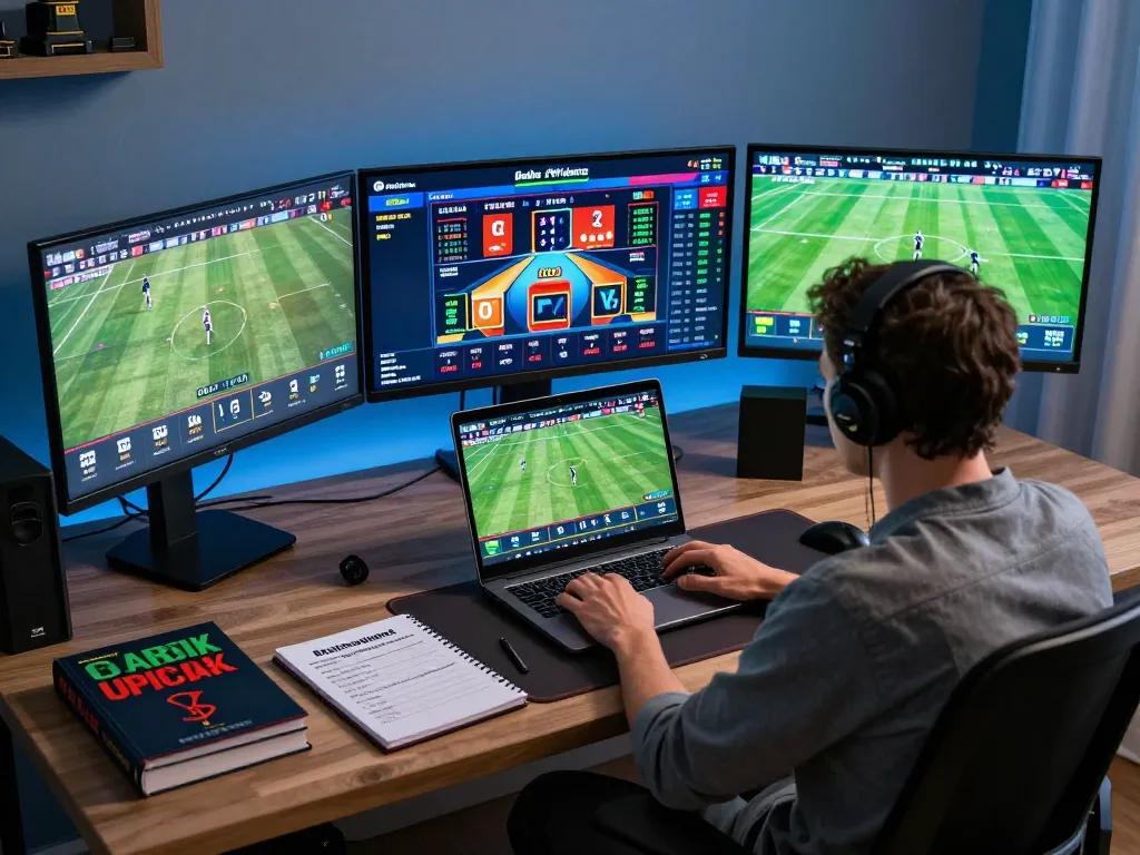 Person engaged in sports betting on laptop with live sports odds at home, showcasing soibet strategies.