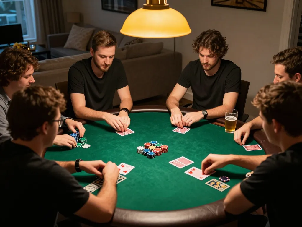 Lô Đề Uy Tín players engaging in strategic poker gameplay during a friendly home game night