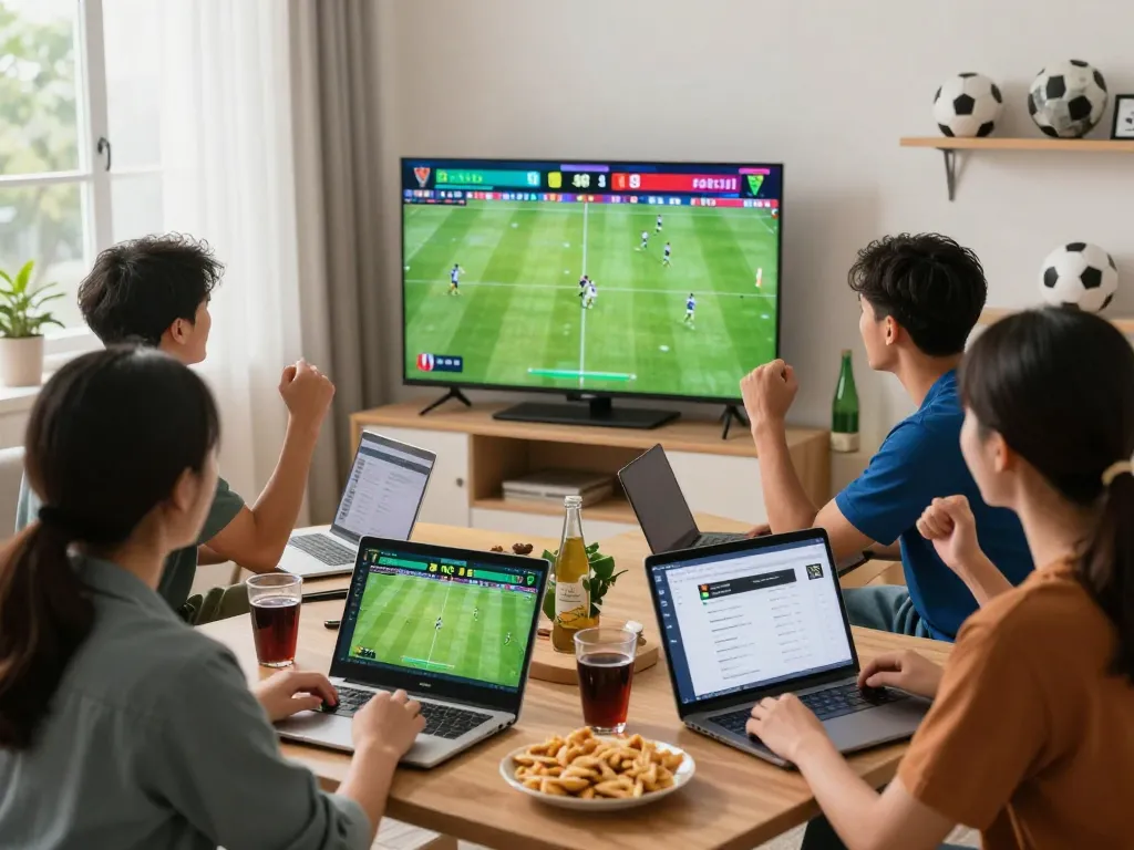 Friends enjoying kèo nhà cái updates while betting on football matches together in a lively living room.