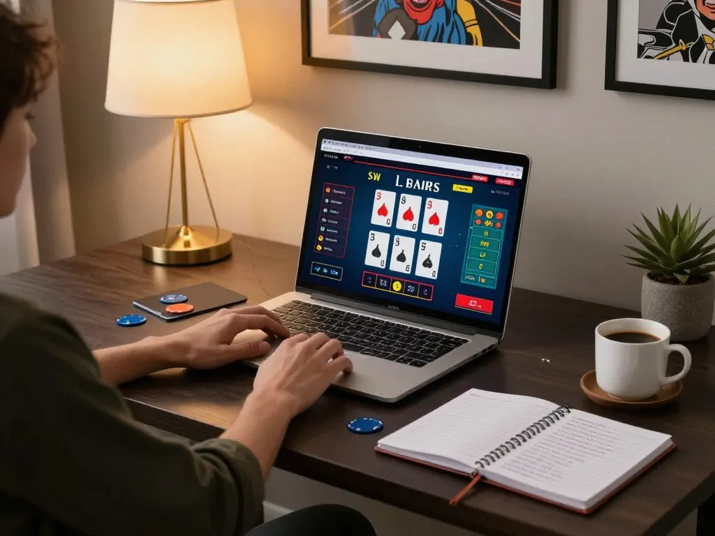 Player engaging in online blackjack on laptop, highlighting debet strategies for success at home
