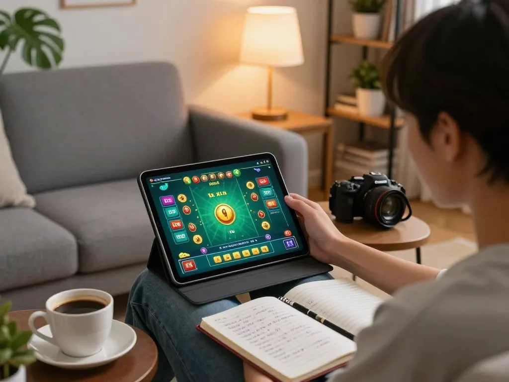 Tài xỉu online gameplay on a tablet in a cozy home environment, showcasing strategy notes and a comfortable atmosphere.