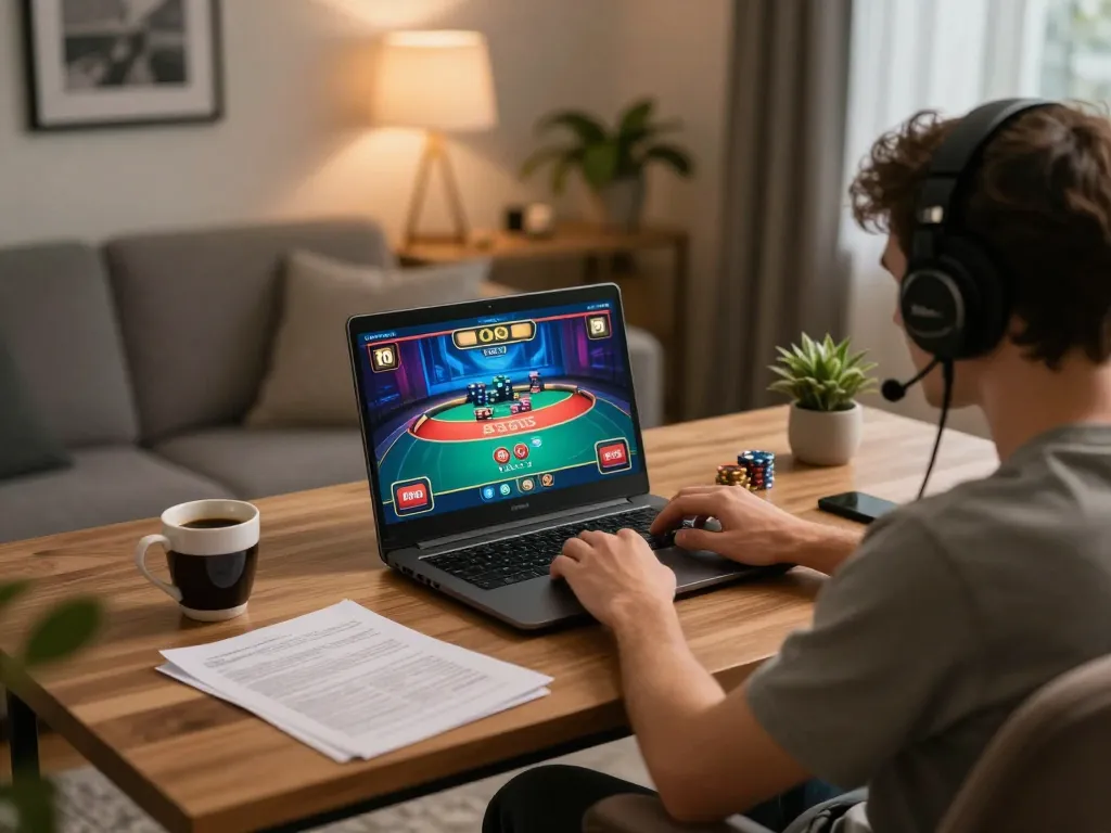 U888 player strategizing in an engaging online poker session with vibrant graphics on a laptop screen
