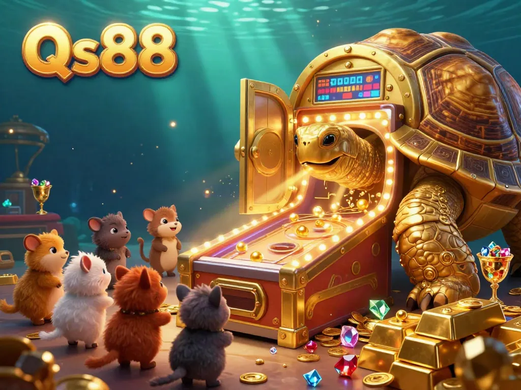 Experience thrilling gameplay at Qs88 with a vibrant and festive casino illustration filled with treasures.