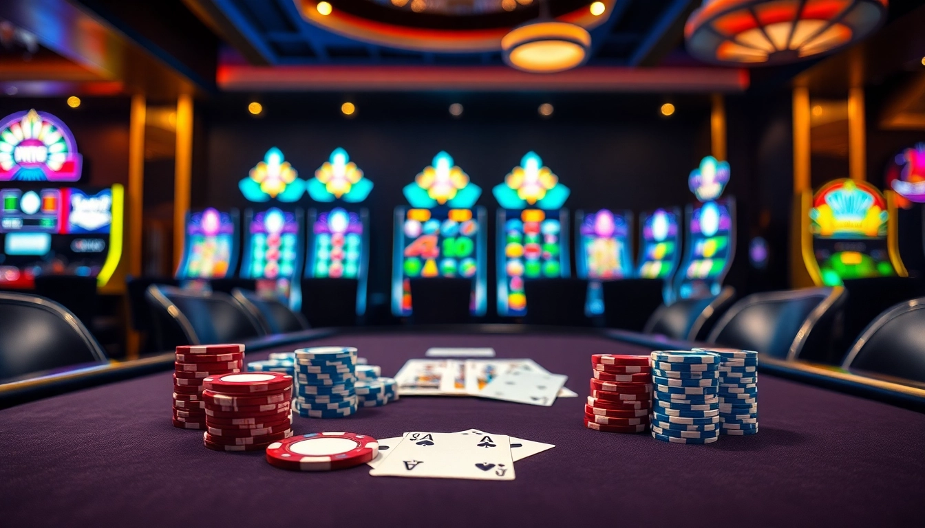 LuckyWin casino scene with luxurious poker tables, vibrant slot machines, and excited players.