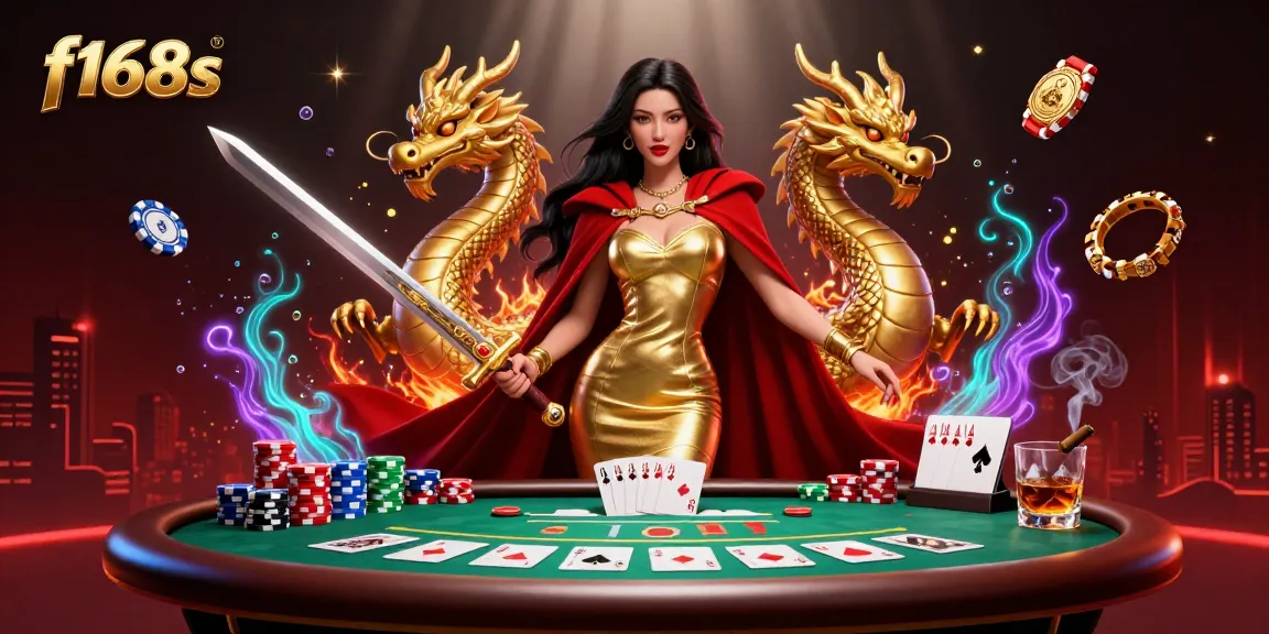 Experience vibrant gaming action in f168s with an exquisite illustration of a warrior queen and a golden dragon.