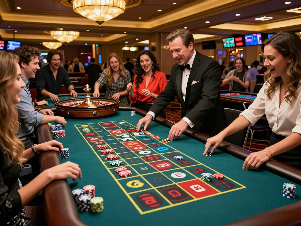 Players engage in a thrilling roulette game at the casino, showcasing excitement and strategic betting with sc88 chips.