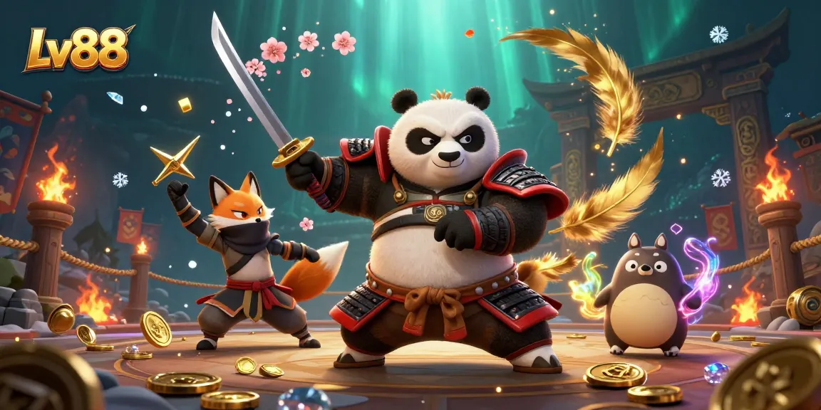 Engage in exciting games at Lv88 with a thrilling 3D casino scene of samurai panda and ninja fox.