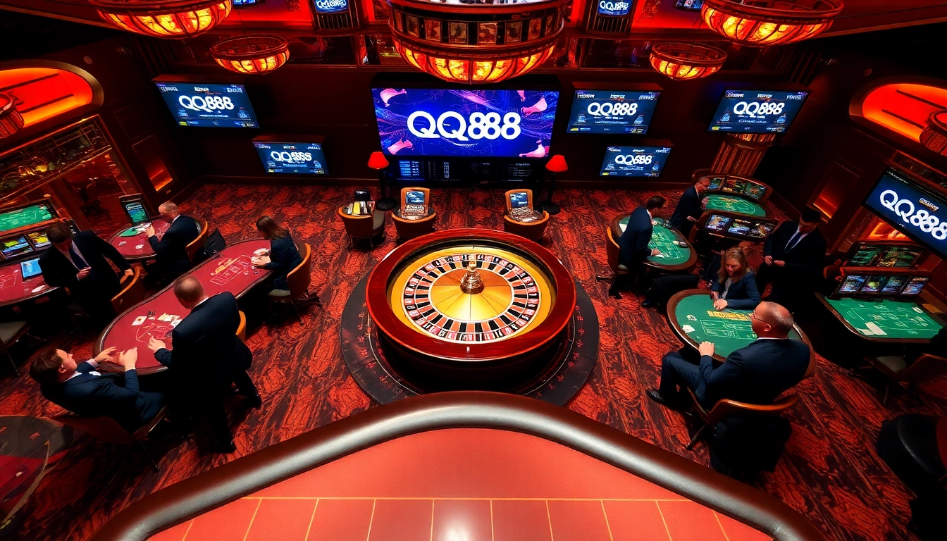 Engaging casino scene with players at QQ88 roulette and poker tables, showcasing the thrill of gambling.