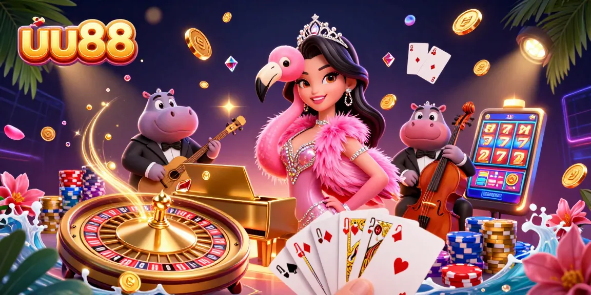 uu88 casino scene featuring vibrant characters, coins, and games in an energetic atmosphere