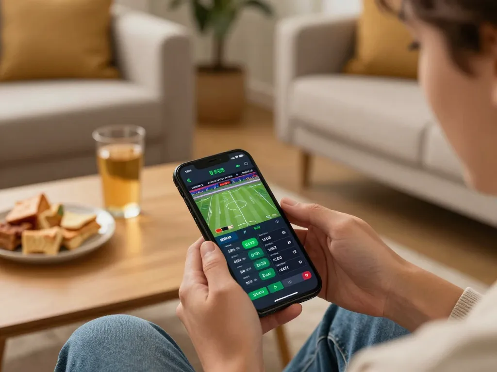 Engaged user enjoying live sports betting on 88GO mobile app in a cozy home setting.