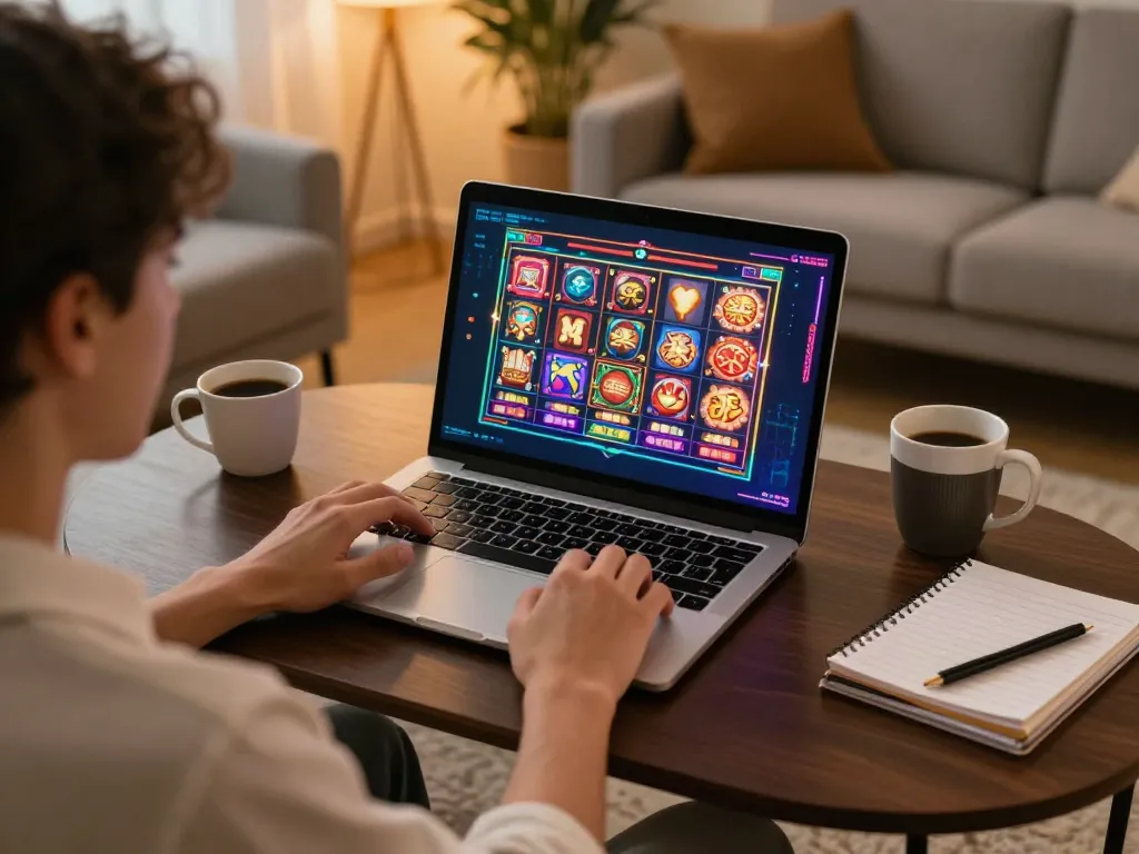 Engaged user exploring https://nk88.actor/ online slot games in a cozy home setup