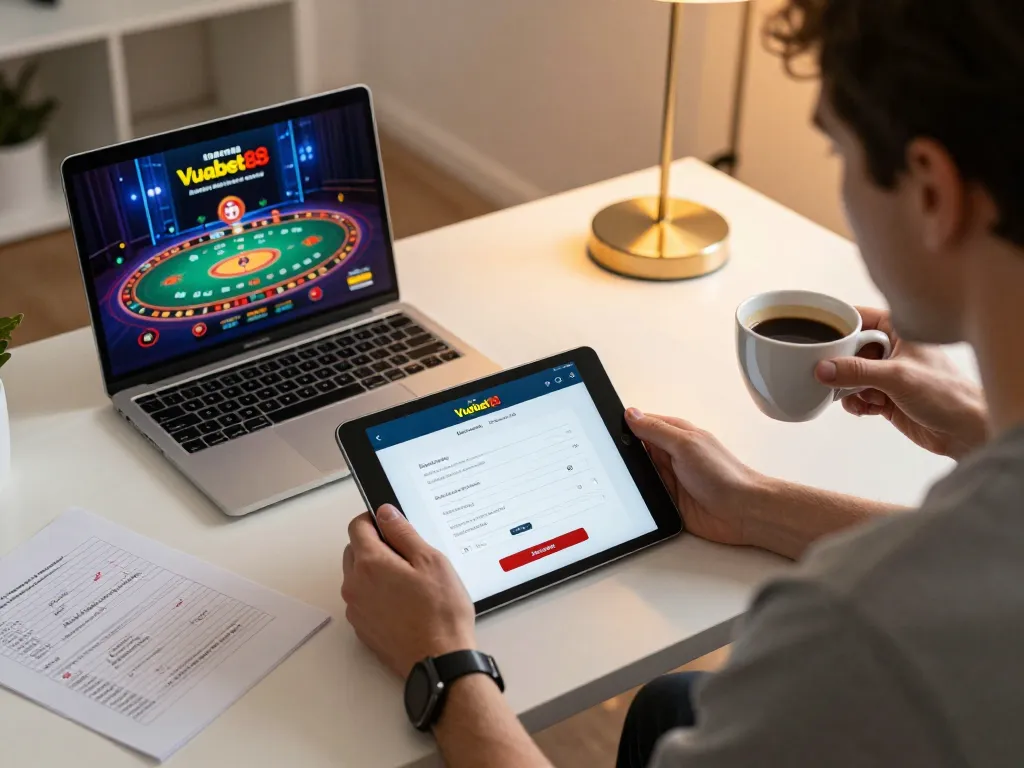 Player analyzing strategy on Vuabet88 casino app during an online gaming session