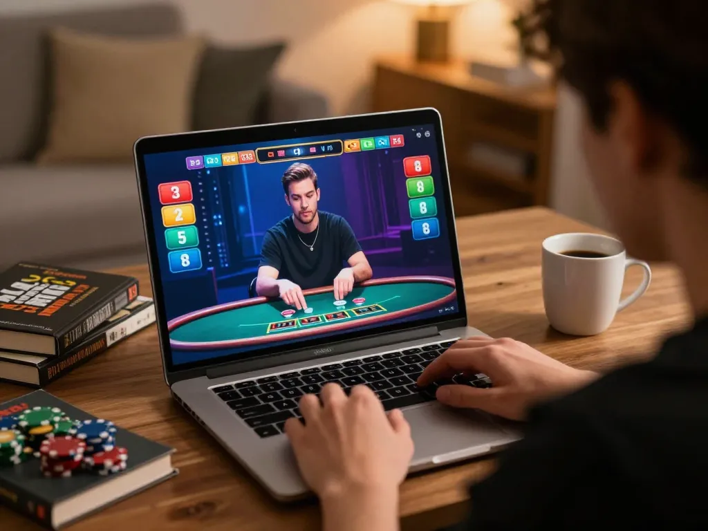 Player engages with Fun79's live dealer blackjack, showcasing a cozy home setup and strategic gaming.