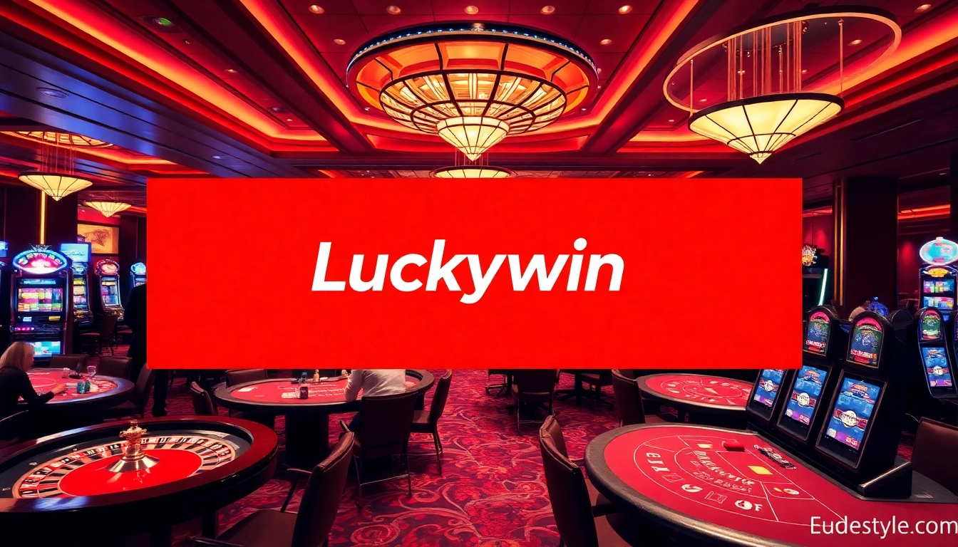 Exciting casino atmosphere featuring Luckywin logo on vibrant gaming tables and slot machines.