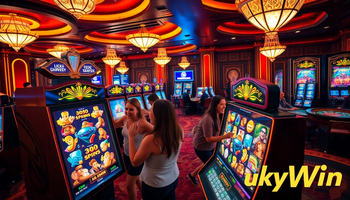 Players winning at LuckyWin slot machines in a luxurious casino setting.