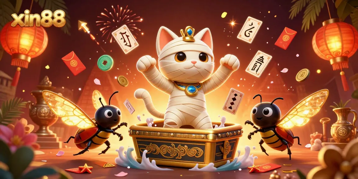 Engage with the thrilling world of xin88, where a mummy cat bursts from a sarcophagus surrounded by casino elements.