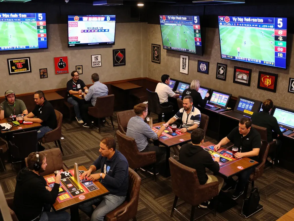 Experience the excitement of tỷ lệ kèo nhà cái 5 with patrons enjoying live sports betting in a vibrant lounge.