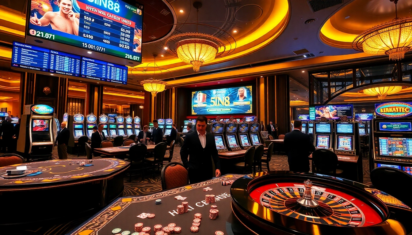SIN88 casino scene depicting players enjoying poker and roulette in a luxurious atmosphere.