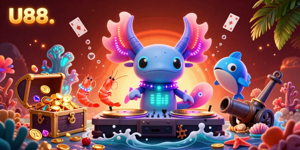 U88 energizes the gaming scene with a vibrant underwater casino illustration, showcasing neon DJ and playful sea creatures.