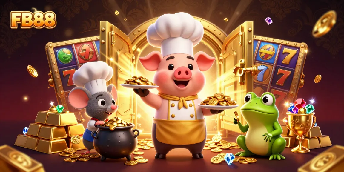 FB88 casino scene with cartoon characters serving gold coins, enhancing gambling excitement.