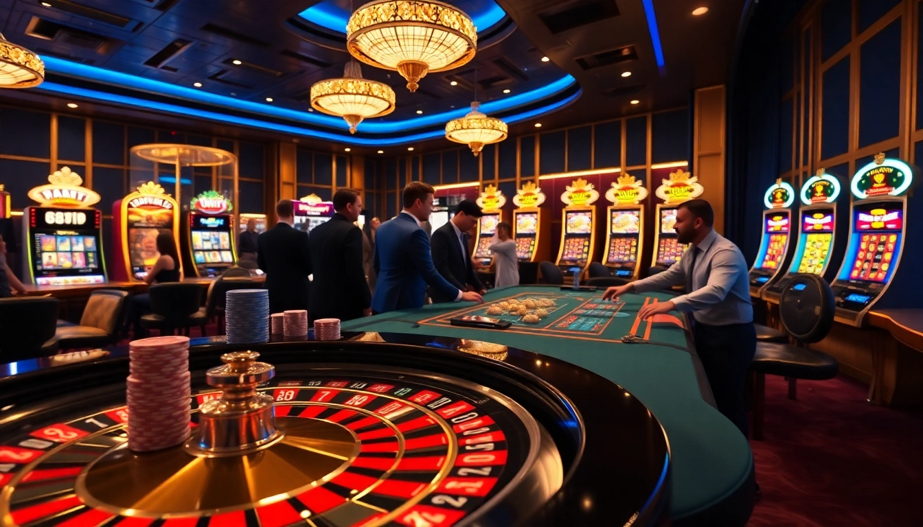 Players enjoying a thrilling roulette game at 68VIP casino, showcasing vibrant slot machines and poker chips.