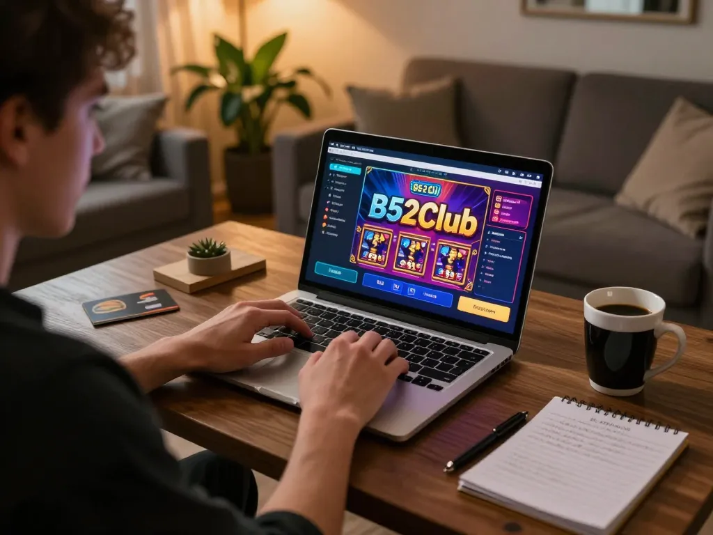 B52Club player engaging in online gambling at home with laptop and gaming notes.